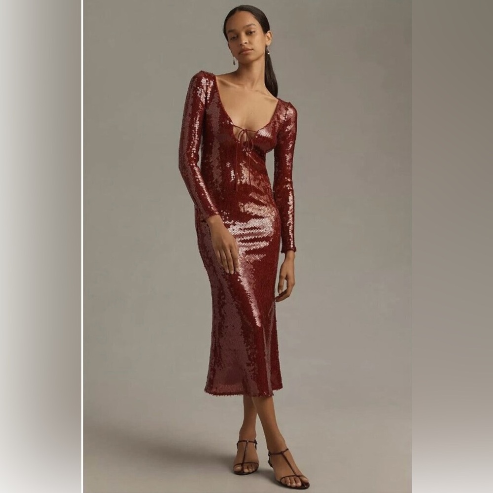 Bardot Verona Sequin Long Sleeve Dress in Deep Red